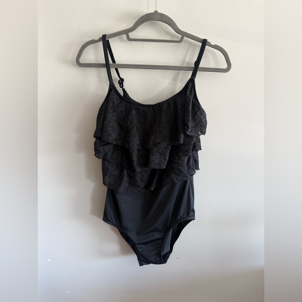 Longitude Black Tiered Lace Ruffle One Piece Swimsuit Size 12